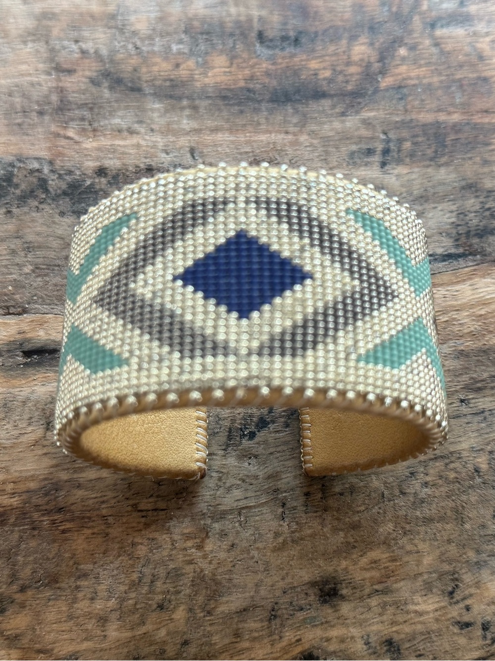 Etkie 
Hand-Beaded Leather Cuff Bracelet in Blue and Teal